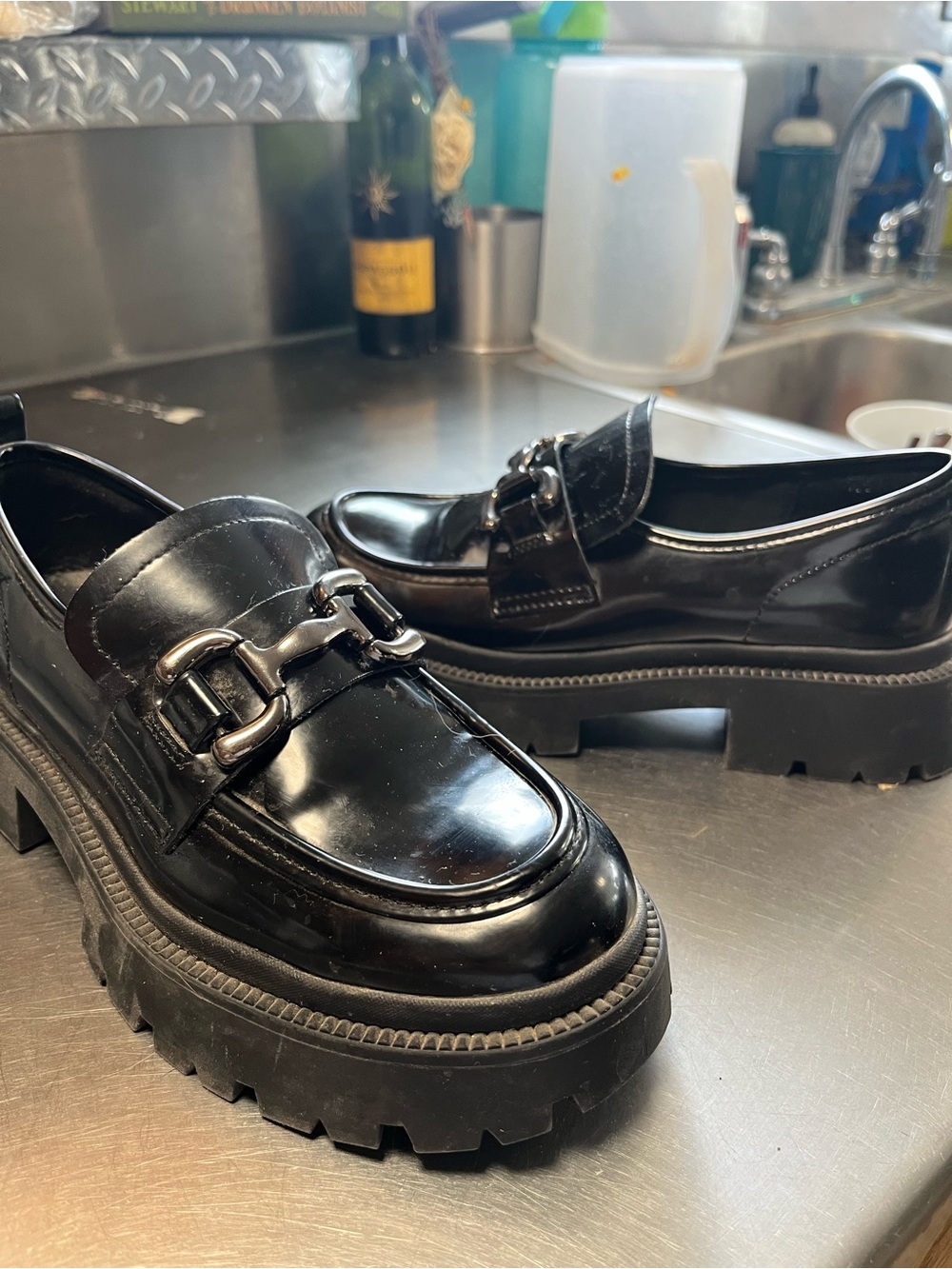 Womens Black Chunky pleather Loafers